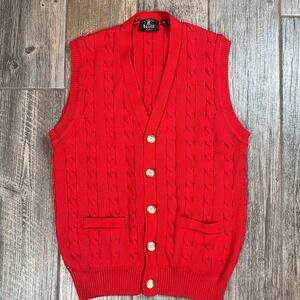 River Brand Mens Cable Knit Sweater Vest Buttons Pockets Red Preppy Style VTG‎
